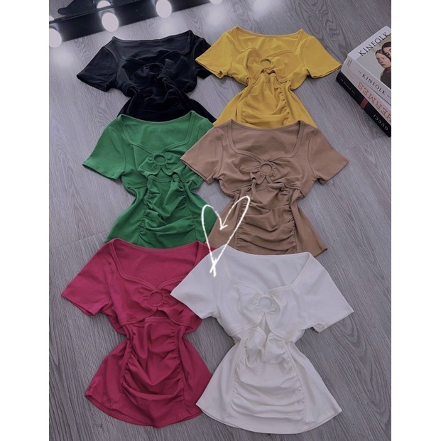 Áo thun body tay ngắn khoét ngực nhúng eo 2 bên