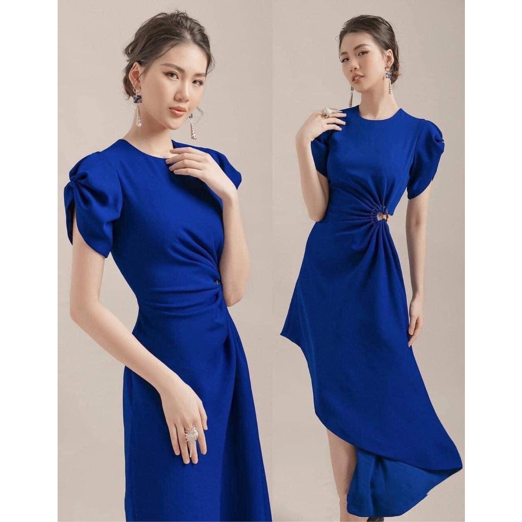 Đầm tay nơ chéo tà màu xanh coban sang trọng (hàng đẹp)