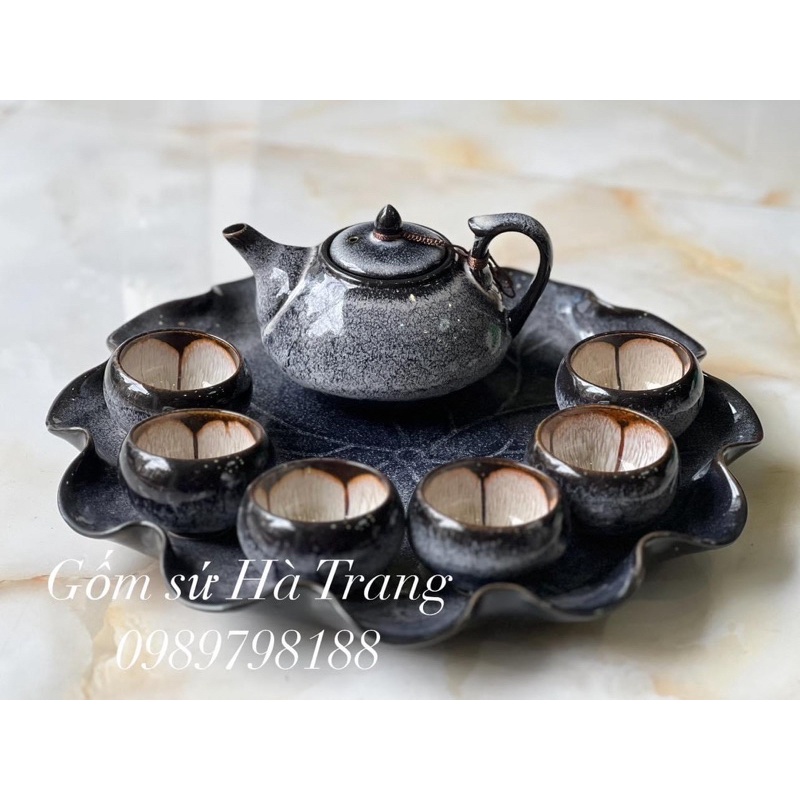 Bộ ấm chén gốm sứ Bát Tràng ấm thiên nga dung tích 430ml men hoả biến vân đá đen