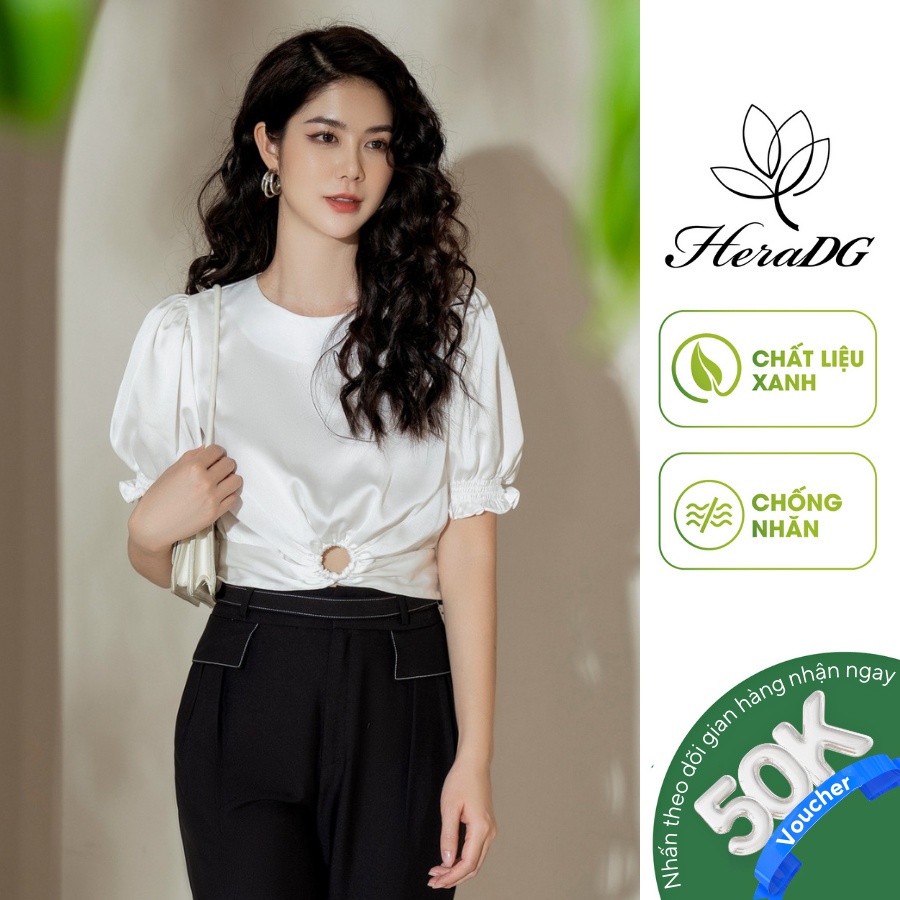 Áo kiểu nữ HeraDG dáng croptop tay bồng may chỉ chun chất liệu xanh Recycle SAKBB3154