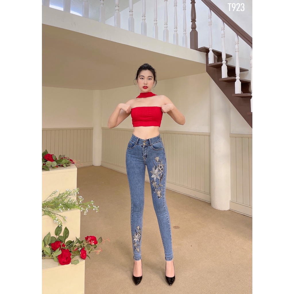 Quần jean Zada T923 thêu hoa xanh đá