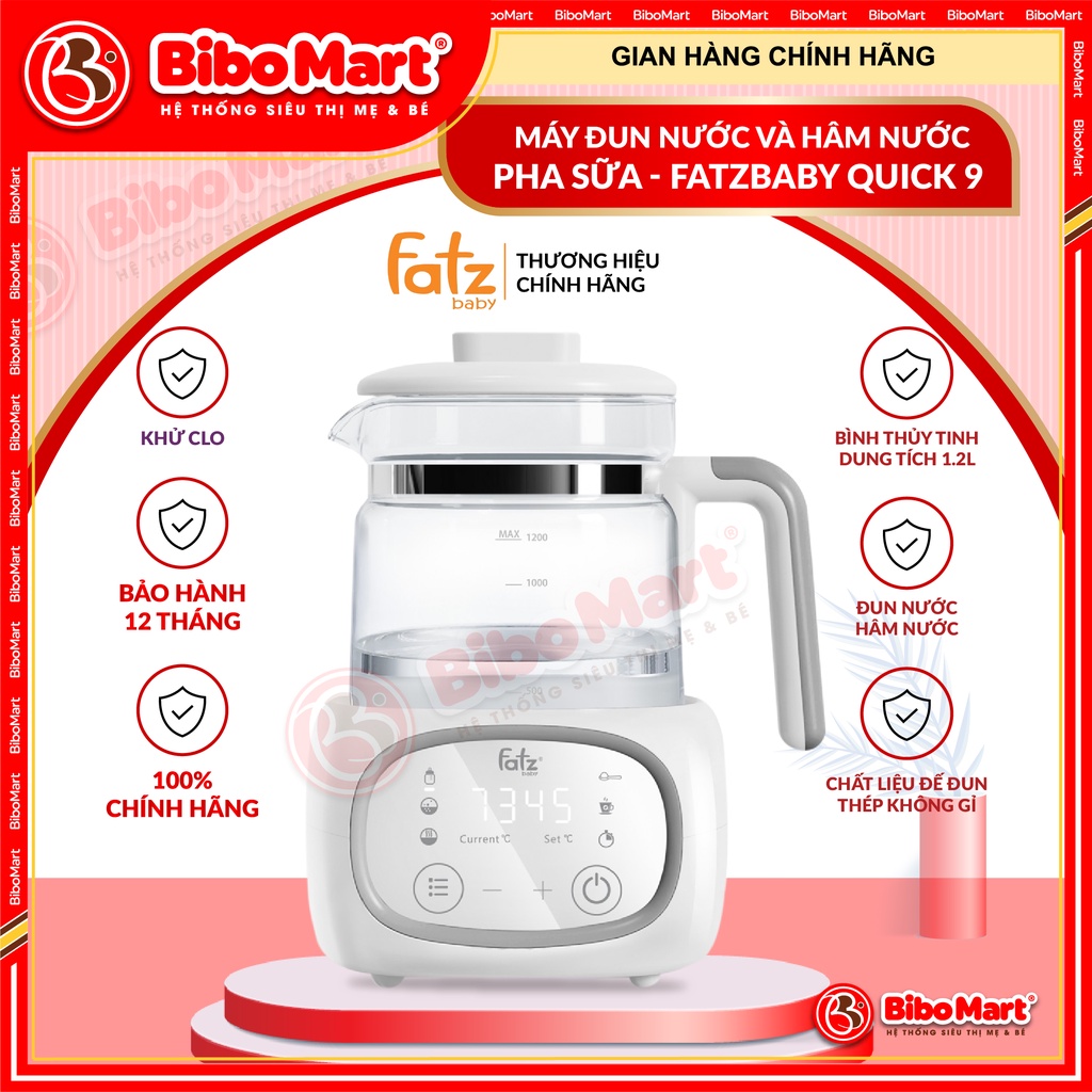 Máy Đun Nước Và Hâm Nước Pha Sữa Fatzbaby Quick 9 Chất Liệu Đế Đun Thép Không Gỉ Và Bình Thủy Tinh Dung Tích 1.2L