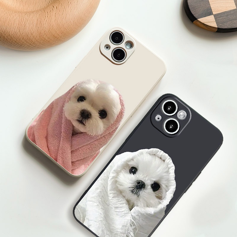 Ốp Iphone chó quấn khăn đáng yêu viền vuông trắng đen cho iphone 6/7/8Plus X XS xr xsmax 11/12/13/14pro promax e3007