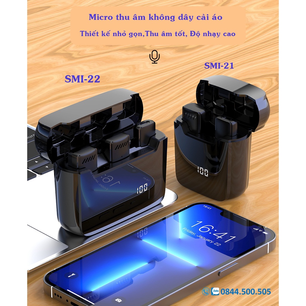 Micro thu âm không dây SMI-22/SMI-21 có hộp sạc quay video/live cho điện thoại Iphone/Androi