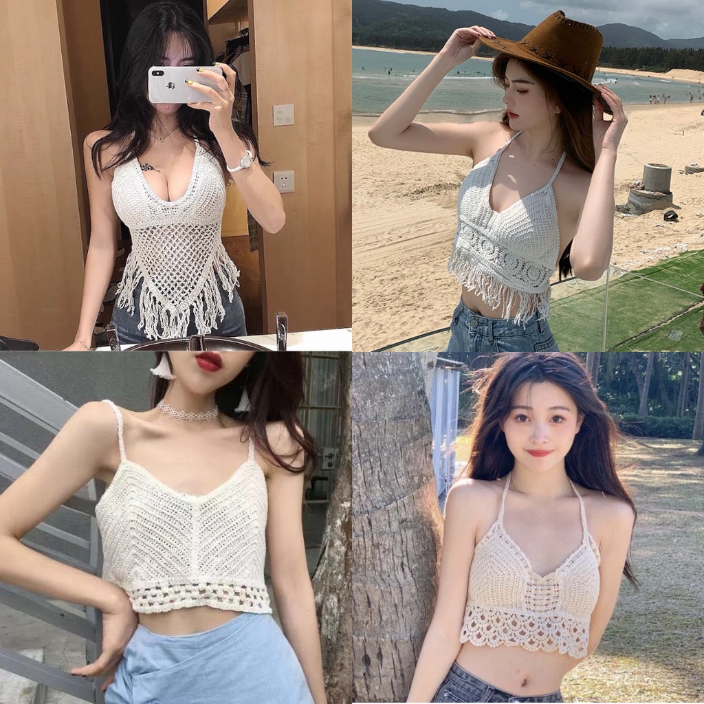 Áo bra nữ croptop dệt kim bikini đi biển đi du lịch có đệm ngực hở lưng phối dây đan sau lưng kiểu Hàn Quốc S2