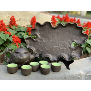 Bộ ấm chén uống trà tử sa đất nung, dáng gốc cây + khay, gốm sứ Bát Tràng cao cấp - LÀNG GỐM