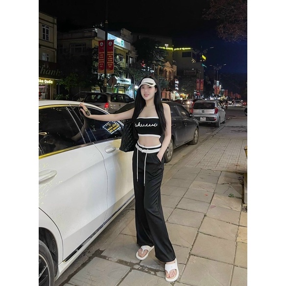set áo cúp ngực dáng ngắn mix quần xuông cực chất