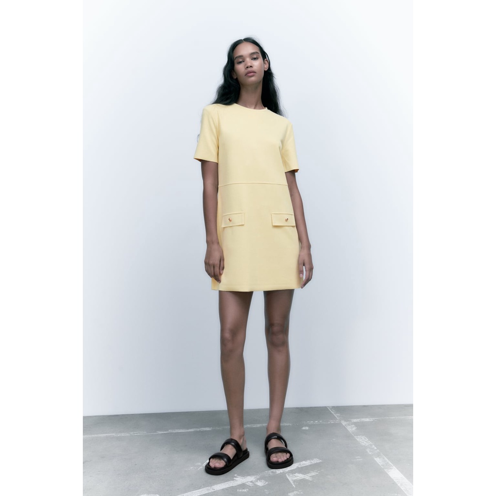 ZARA Đức - Đầm suông chữ A ngắn tay hai túi nắp đính nút màu đen vàng đỏ sale auth new cao cấp chính hãng sẵn 5070/152