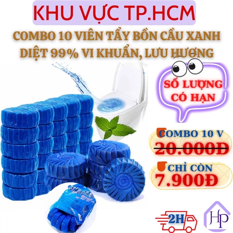 Combo 10 viên nén xanh thả bồn cầu khử mùi hôi, diệt 99% các chủng vi khuẩn gây hại, lưu hương thơm dễ chịu cho phòng