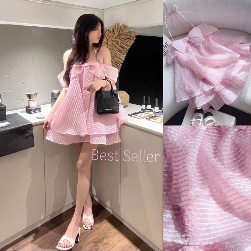 Đầm Baby Doll Xốp Màu Hồng Dây Cổ Yếm Kèm Nơ Ngực