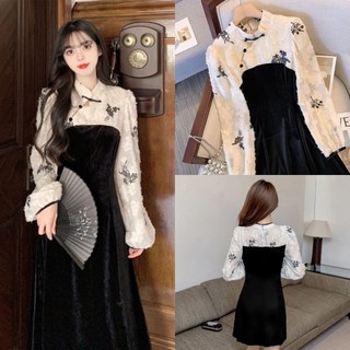 Sườn xám cách tân set chân váy áo đai váy Đầm Sườn Xám Nhung Đen Dáng Dài Cổ Đứng Chiết Eo Thời Trang Thu Đông Thanh Lịch
