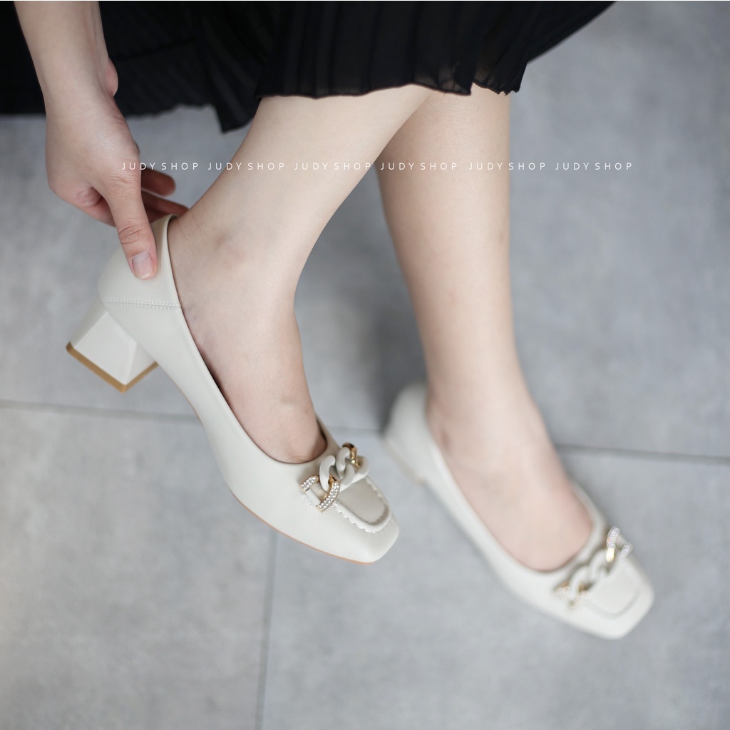 Giày Công Sở Nữ - Giày Gót Vuông Da Mềm khuy Xích Cao 4p QCCC