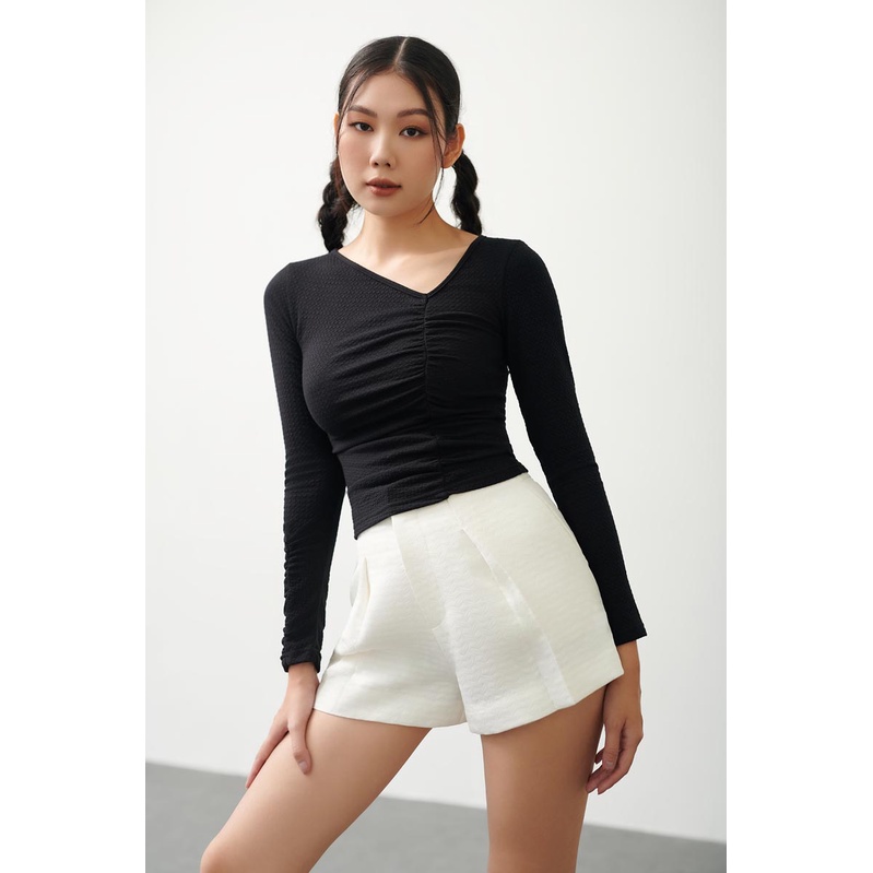 Áo thun tay dài cổ lệch nhún dọc thời trang GAGO màu đen GA4283