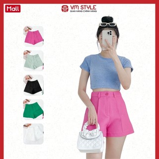 Quần short nữ VMSTYLE ống rộng gấp gấu lưng cao, vải ô vuông nhiều màu - QSU00030