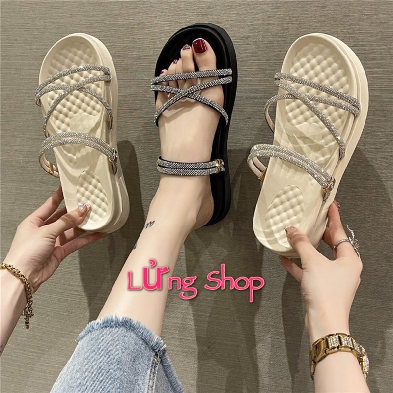 dép sandal nữ 3 quai chéo Đính Đá đế 5 phân siêu êm lửng Shop