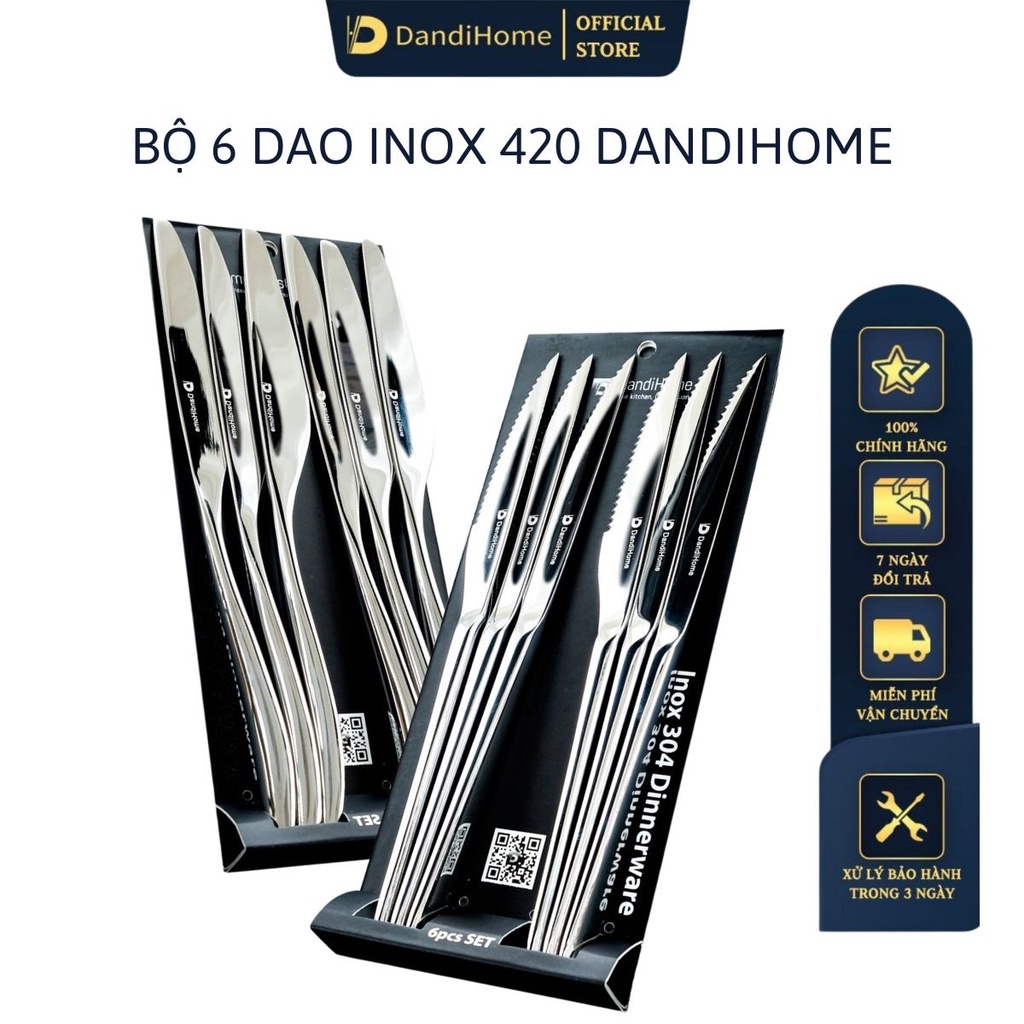 Bộ 6 dao ăn bít tết inox DandiHome 2020 cao cấp, sang trọng, tinh tế