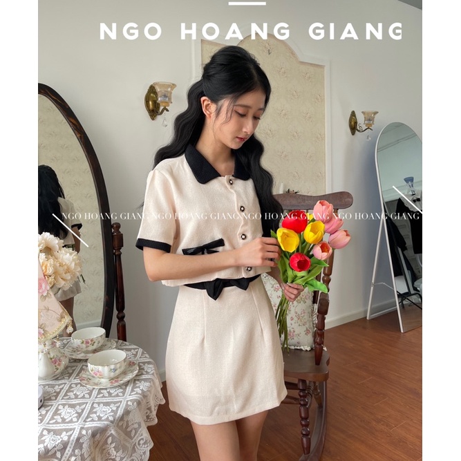 Set váy dạ áo ngắn tay cổ bèo nơ nhí + chân đầm chữ A cạp cao nơ bản to 2 lớp lót lụa hàng cao cấp V1