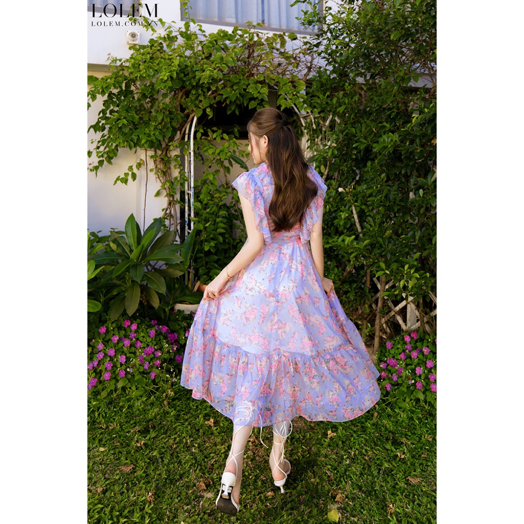 Đầm maxi cổ chữ V LOLEM DX409 họa tiết hoa vải tơ lụa mềm mại