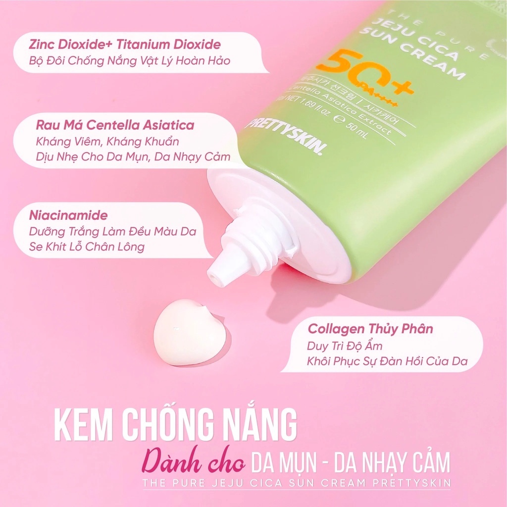 Kem Chống Nắng Rau Má JEJU CICA PRETTYSKIN Dành Cho Da Nhạy Cảm SPF50+ PA++++ 50ml