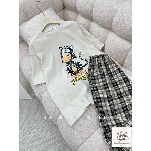 Bộ Áo Cotton Tàu Phối Quần Kẻ Dáng Rộng Cá Tính Mã KH15