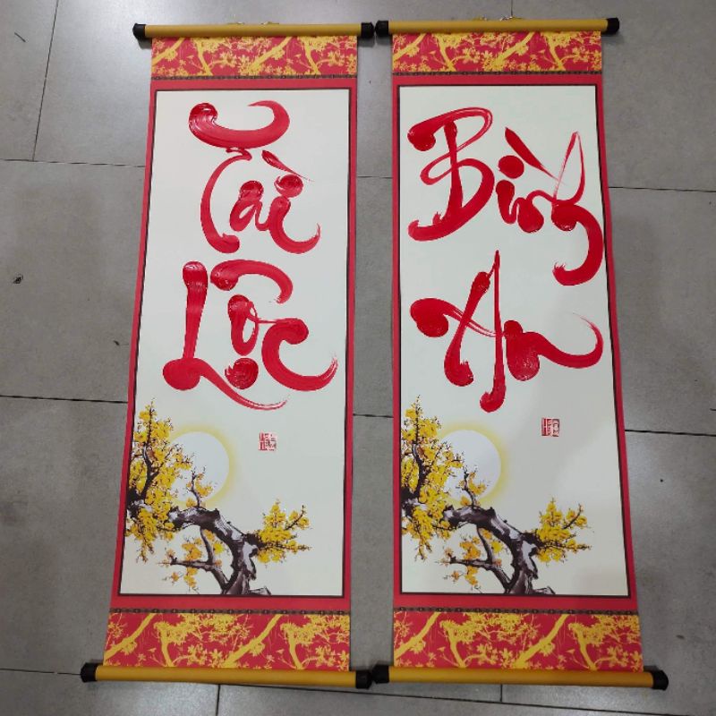 Cặp tranh viết thư pháp chữ Tài Lộc Bình An trang trí Tết tân trang nhà cửa size 27x79cm có viết theo yêu cầu