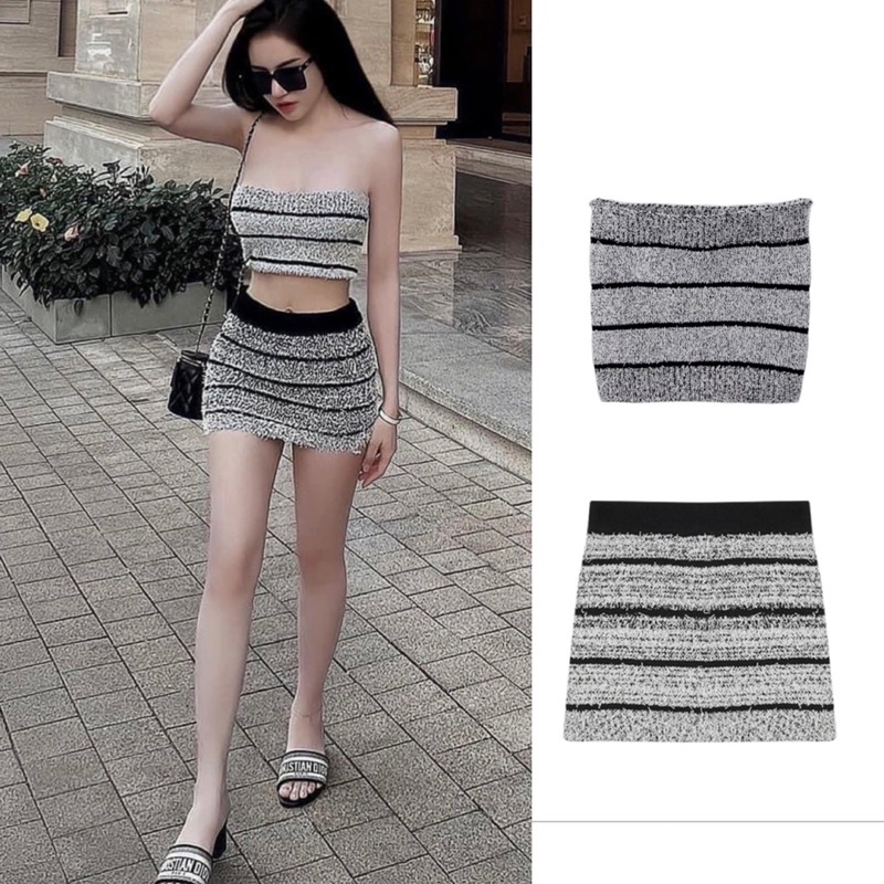 Set áo ống + chân váy màu bạc sọc ngang gợi cảm Hàng Có Sẵn Set Áo Ống Ngắn Mỏng Kẻ Sọc Gợi Cảm Quyến Rũ Thời Hàn Quốc | BigBuy360 - bigbuy360.vn
