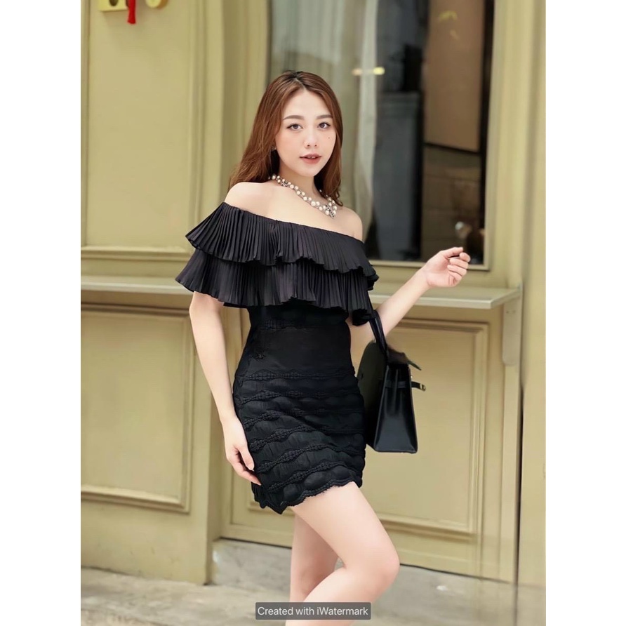 Đầm váy nữ ôm body trễ vai 2 tầng xinh sắn quý phái ( có mút ngực ) phối xốp phồng duyên dáng dự tiệc đi chơi