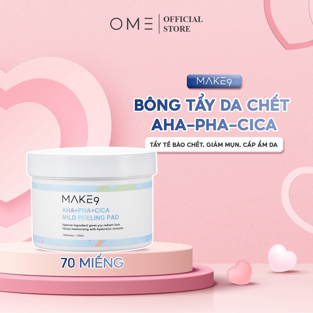 Bông Tẩy Da Chết Làm Sạch Da Giảm Mụn Thu Nhỏ Lỗ Chân Lông AHA+PHA+CICA MILD PEELING PAD MAKE9 Omecosmetic