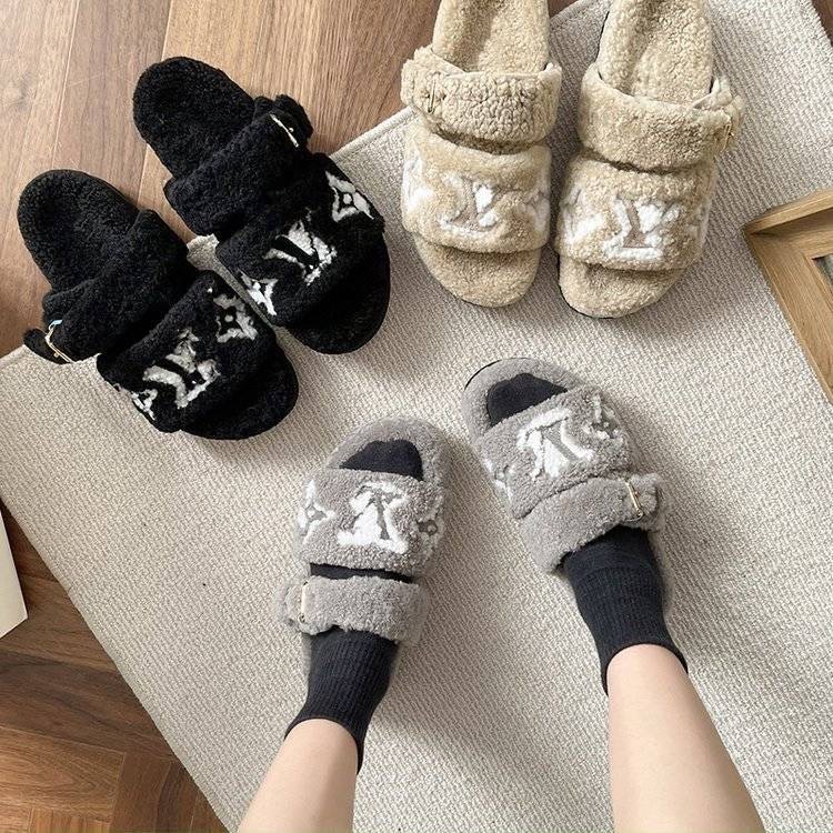 Dép LV lông thỏ đế bằng thu đông