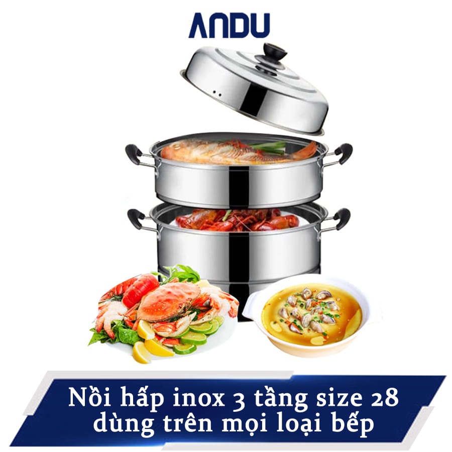 Nồi Hấp Inox 3 Tầng 28cm Chất Liệu Inox Không Gỉ, Bền Bỉ, An Toàn Cho Sức Khỏe Người Sử Dụng