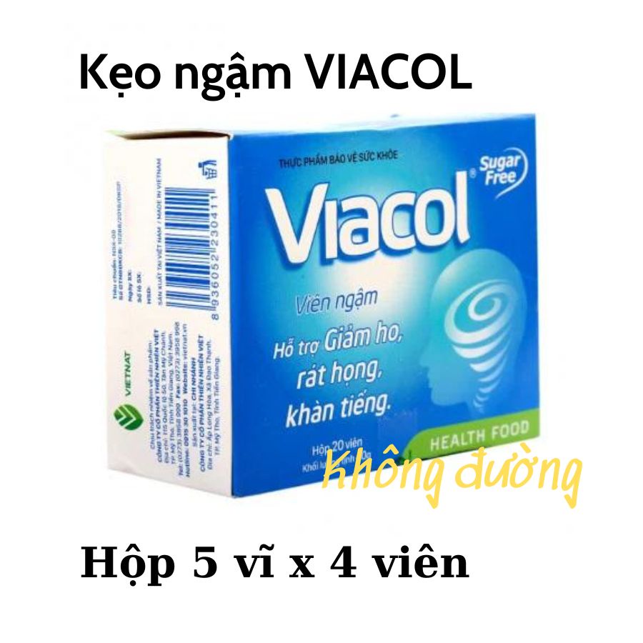 Kẹo ngậm viacol viên ngậm thảo mộc không đường giảm ho đau rát họng khan tiếng sát khuẩn mũi họng ngừa cúm hộp 20viên