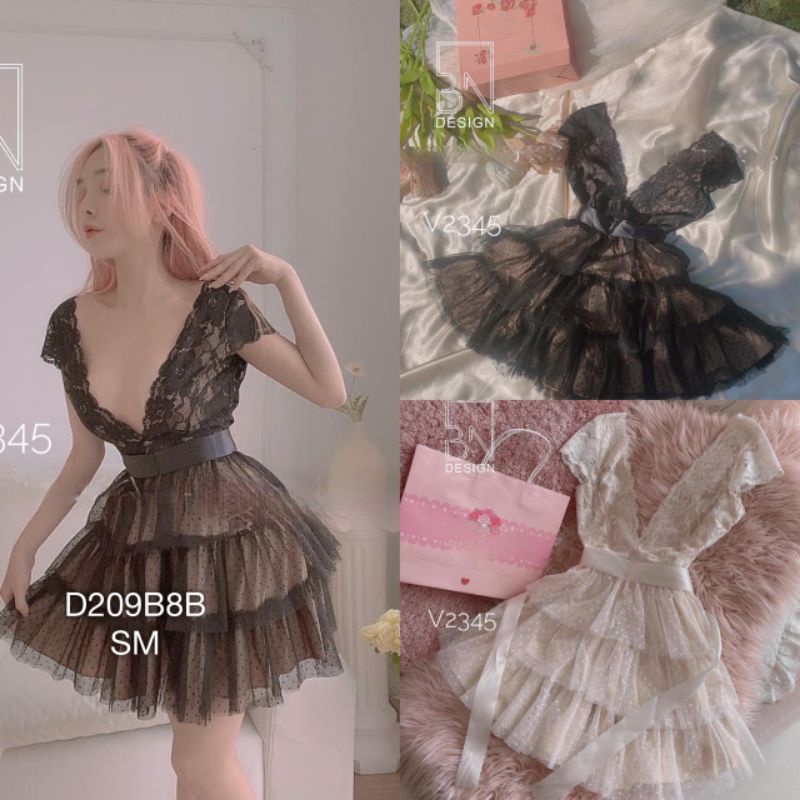Đầm Ren Xòe Dự Tiệc ,Váy Ren Thiết Kế Cổ Chữ V Khoét Ngực Tùng Lưới Bi Xòe Tầng Sexy Quyến Rũ