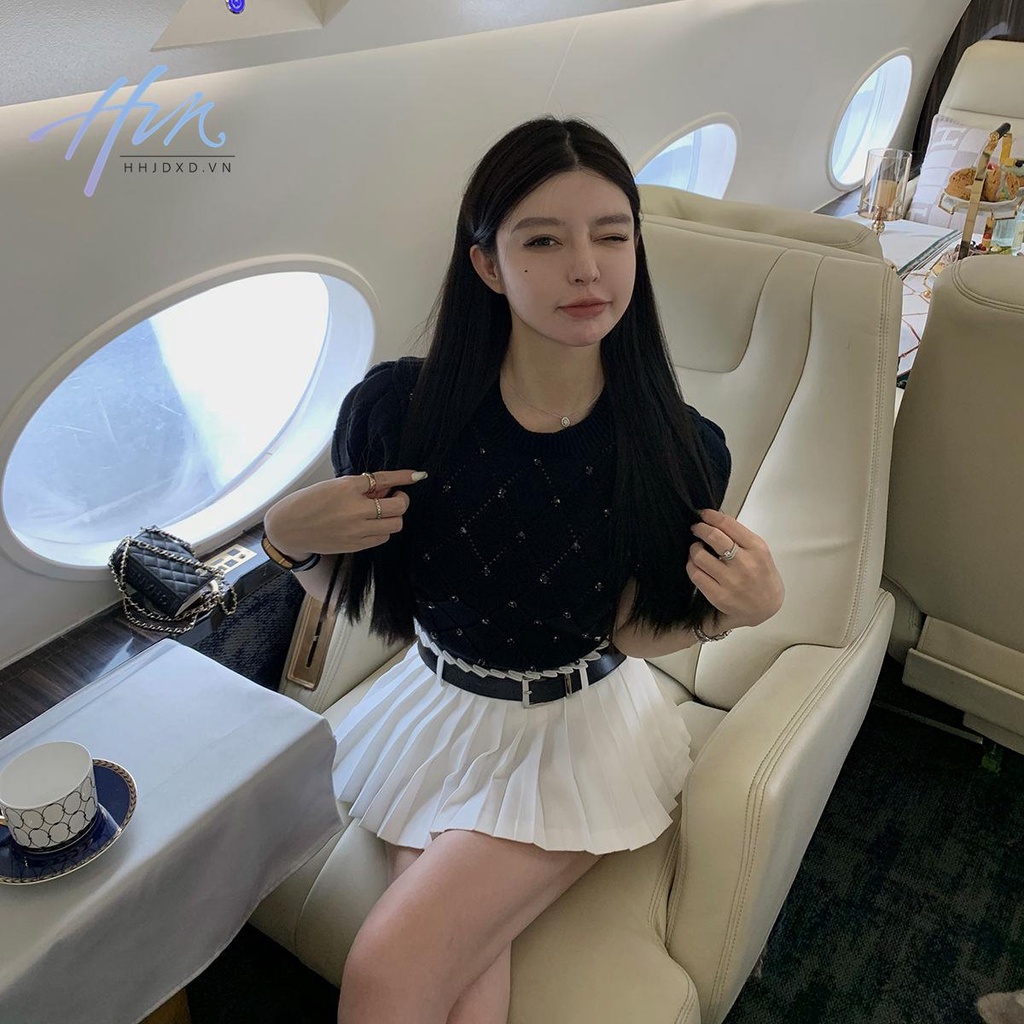 Áo Sweater Tay Phồng Ngắn Họa Tiết Kẻ Sọc Đính Kim Cương Thời Trang Mùa Xuân Mới 2023