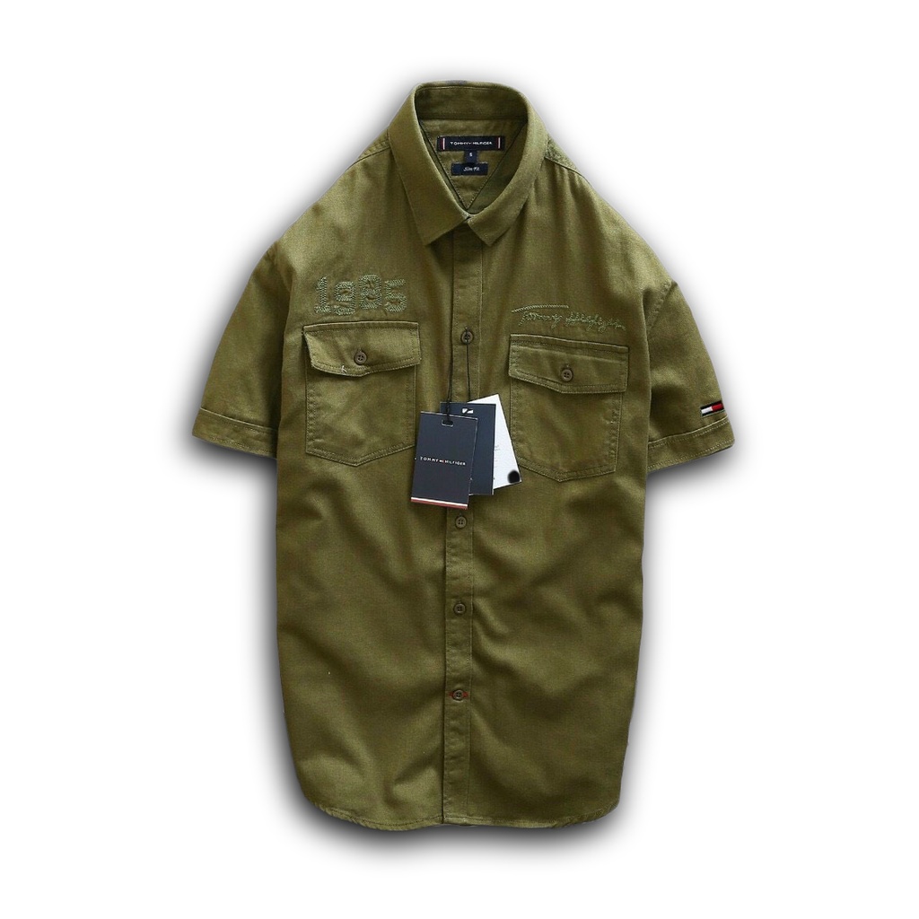 Áo sơ mi Kaki tay ngắn túi hộp -Áo khoác Kaki gam màu Retro cổ điển Logo thêu - 4 Màu II TM