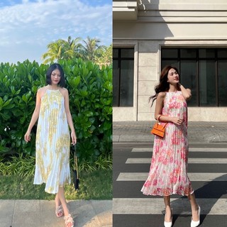 Đầm cổ yếm 2 dây dập ly hoa dáng dài hồng/vàng -Audrey Studio