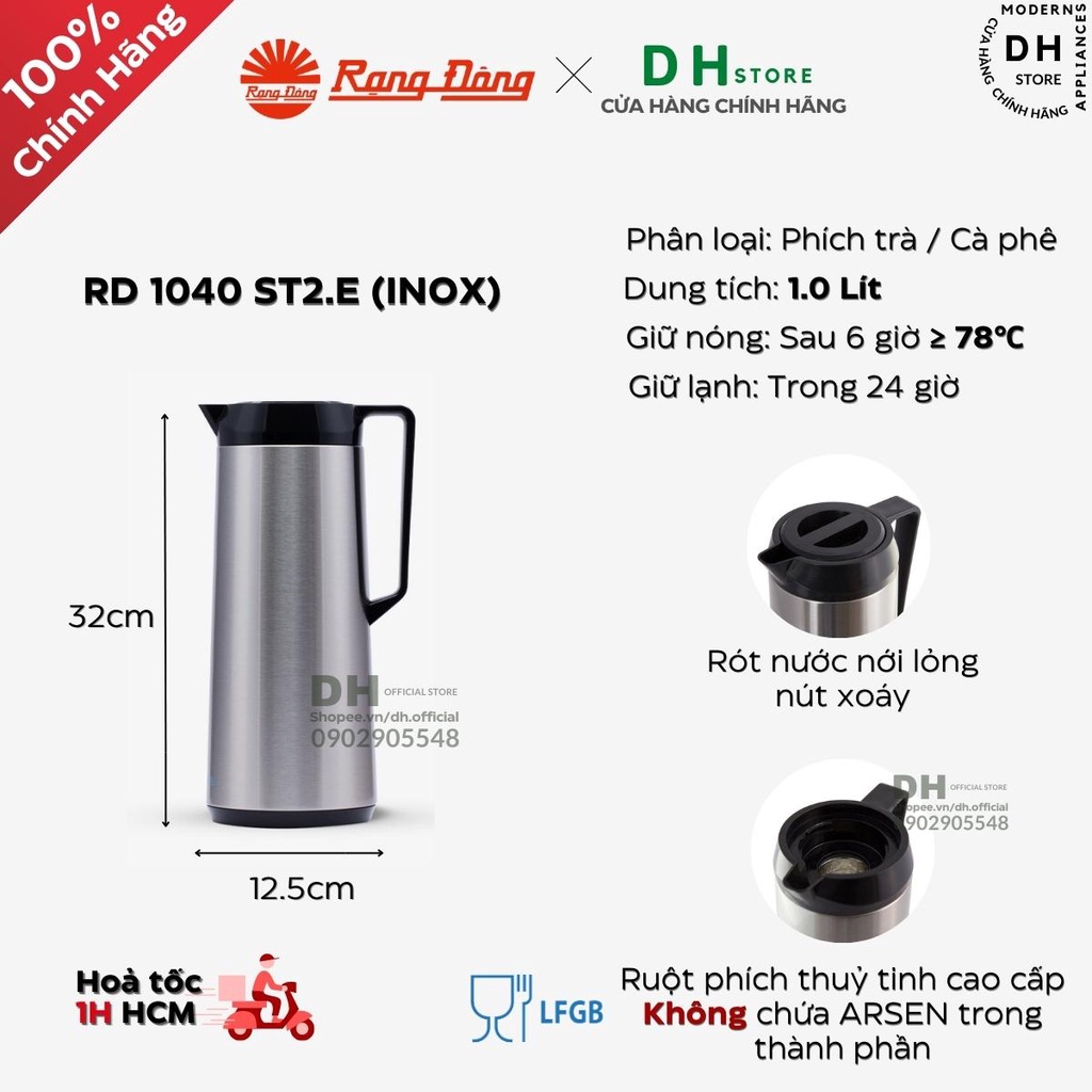 Phích nước giữ nhiệt Rạng Đông 1 Lít INOX RD-1040 ST2.E - Hàng chính hãng