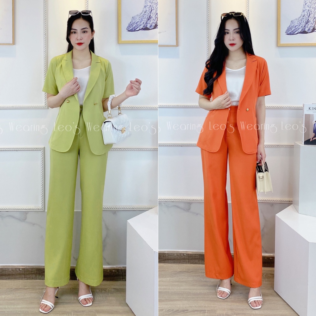 Set vesr nữ 2 món LEOSWEARING quần suông dáng dài mix áo khoác vest tay ngắn A178 A179