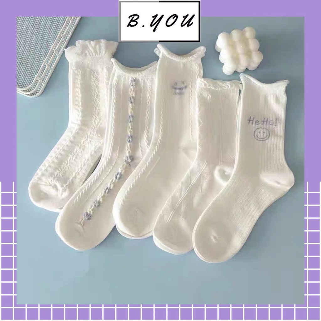 Tất nữ cao cổ màu trắng, cổ nhún, họa tiết xám nhẹ nhàng, phong cách hàn quốc, chất liệu cotton, thấm mồ hôi