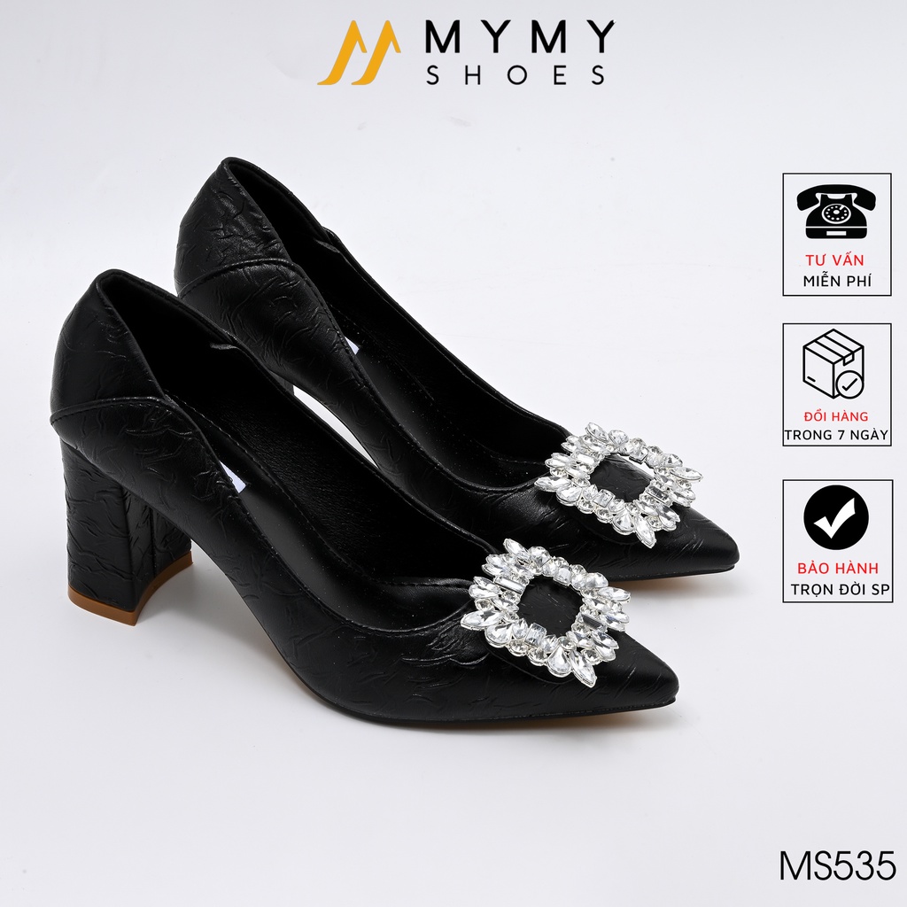 Giày cao gót nữ mymy shoes giầy da dập vân mũi nhọn đá gót vuông 7p MS535