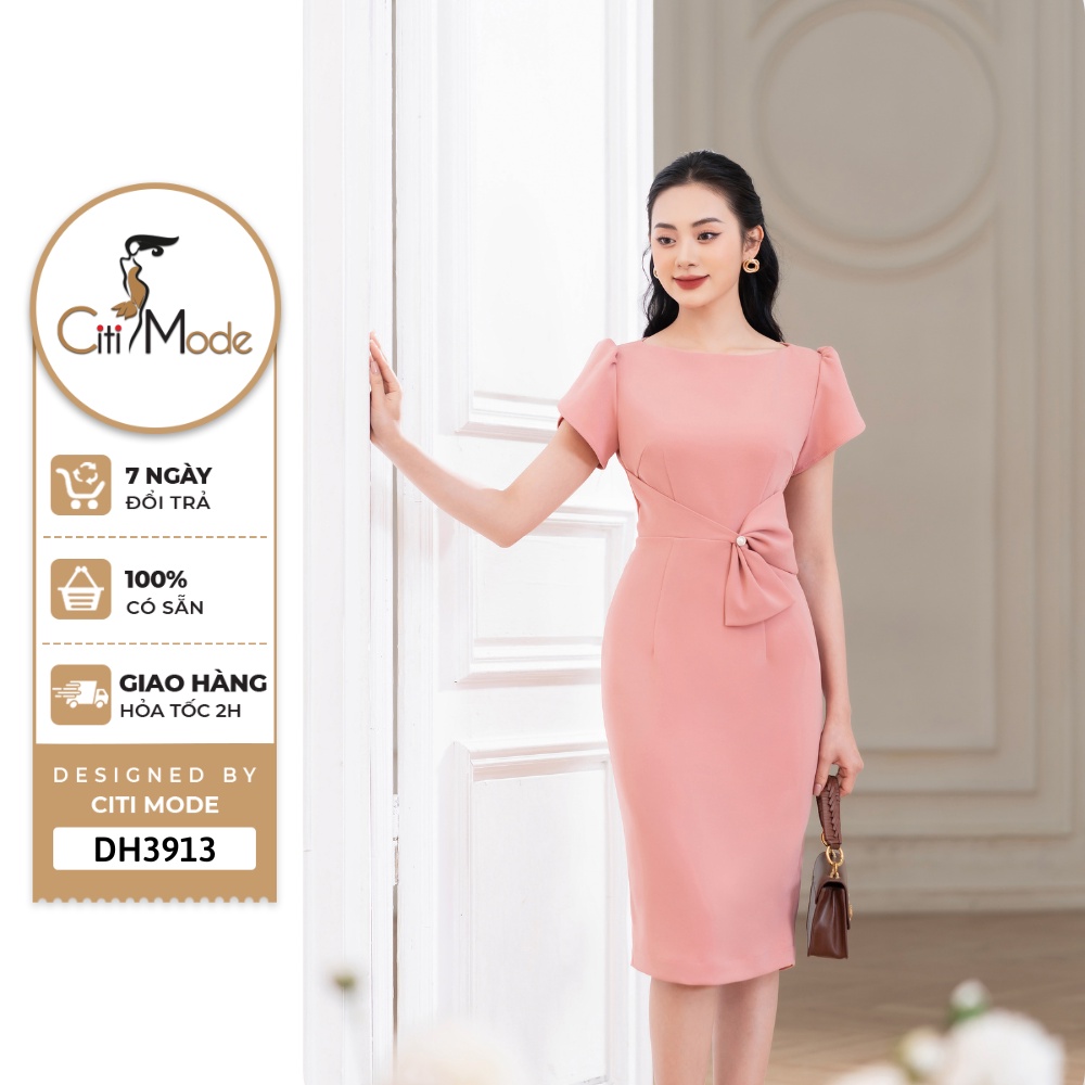 Đầm công sở CITI MODE FASHION thiết kế dáng ôm hồng phối nơ eo cách điệu DH3913