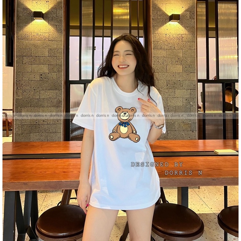 Áo Thun Chất Liệu Cotton 100% Áo Phông Form Rộng Dorris In Hình Gấu, Đường May Tỉ Mỉ
