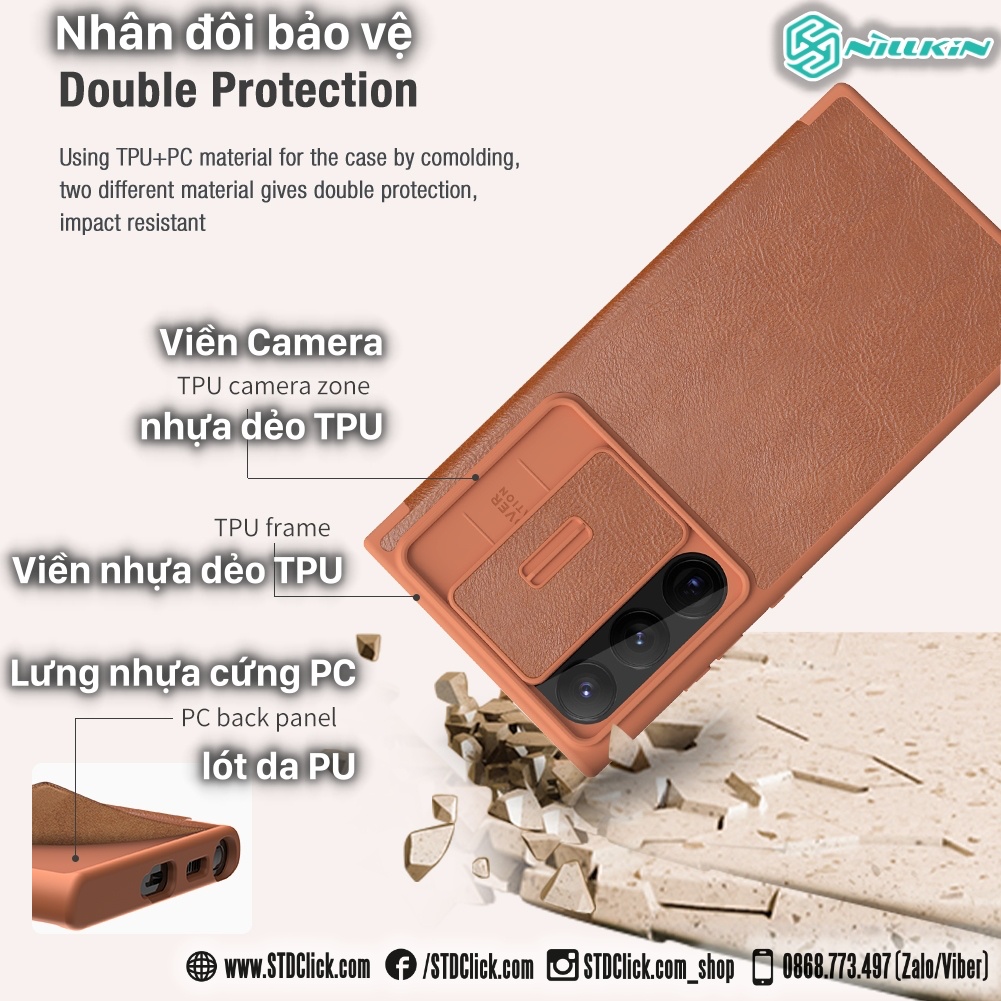BAO DA SAMSUNG GALAXY S23 ULTRA 5G NILLKIN QIN PRO BẢO VỆ CAMERA CHÍNH HÃNG
