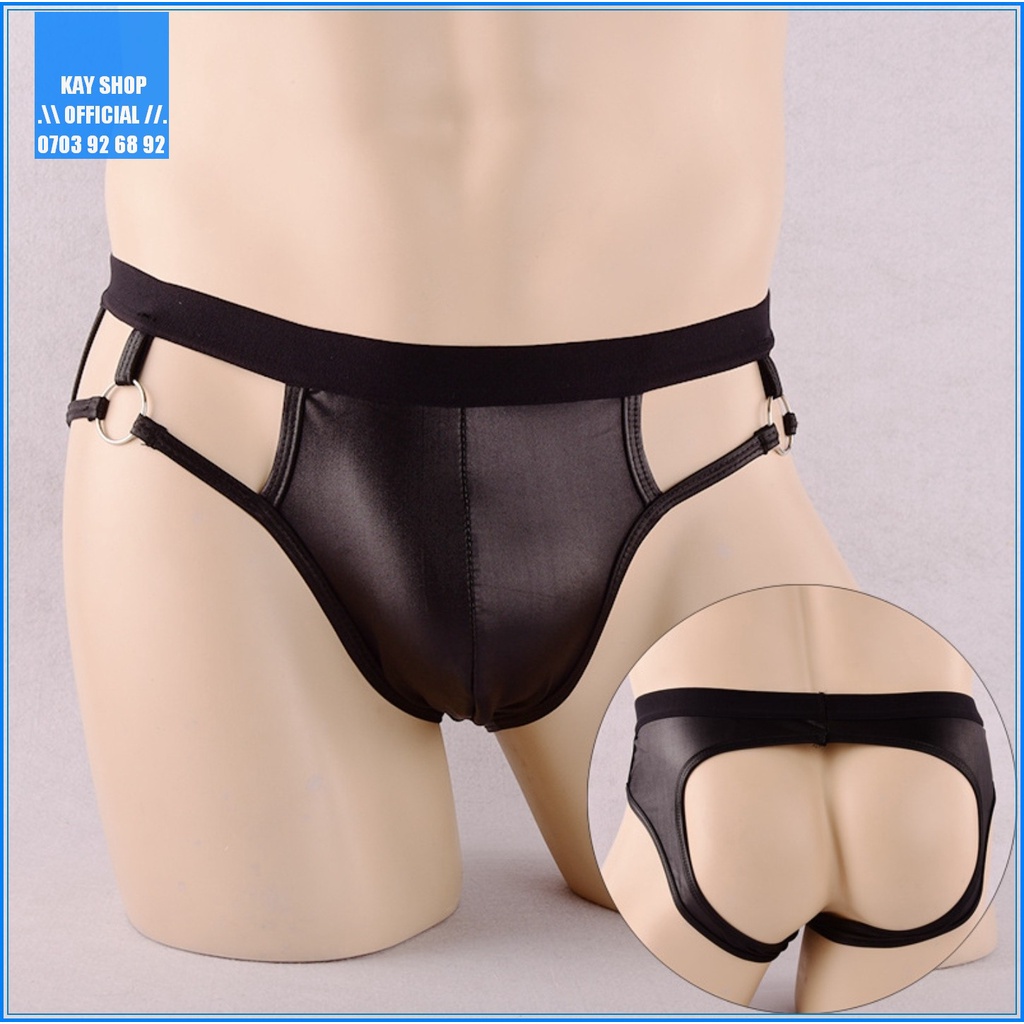 Quần lót jockstrap nam dây giả da sexy khoen ôm mông căng tròn gợi cảm - Quần sịp nam màu đen Freesize trơn bóng