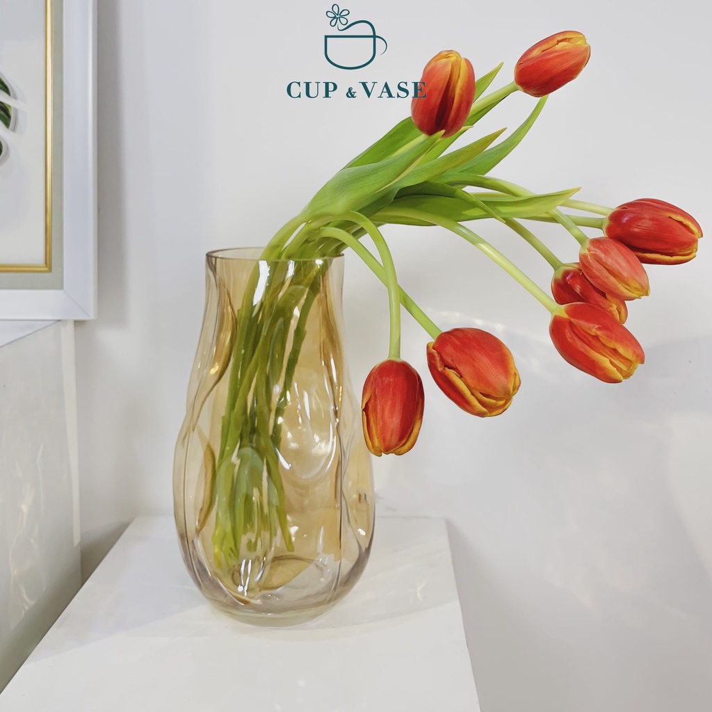 Bình Cắm Hoa Thủy tinh CUP & VASE Vàng Cam Nhạt Hiệu Ứng Lồi Lõm