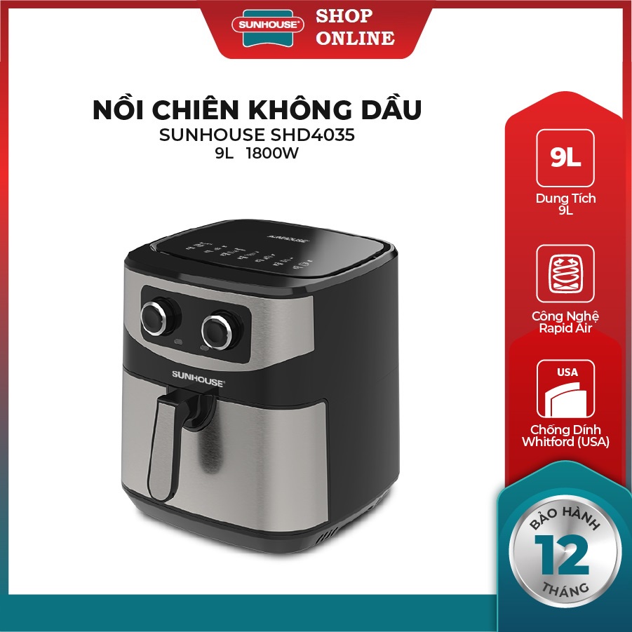 Nồi chiên không dầu 9 lít SUNHOUSE SHD4035 - Dung tích lớn - An toàn khi sử dụng - Bảo hành 12 tháng