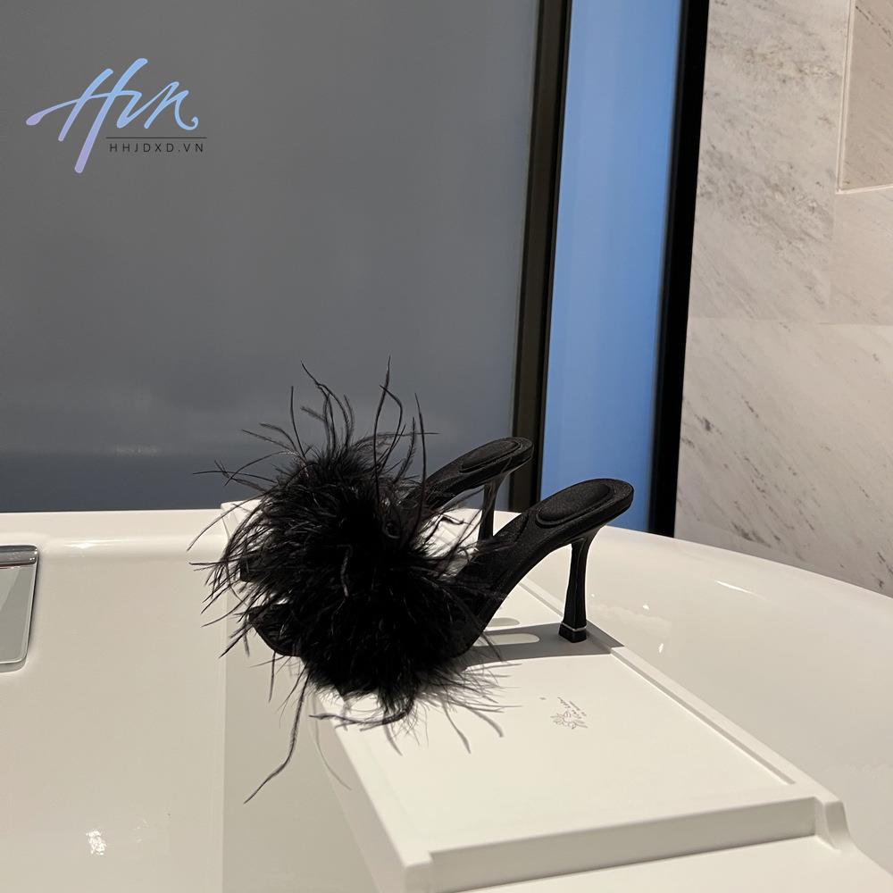 Dép Cao Gót Phối Lông Màu Đen Thời Trang Quyến Rũ Cao Cấp Cho Nữ