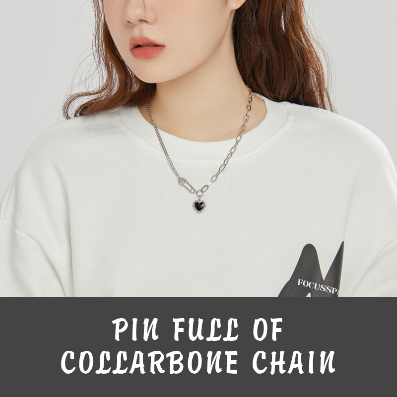 Vòng cổ mạ bạc mặt hình trái tim đính đá pha lê màu đen