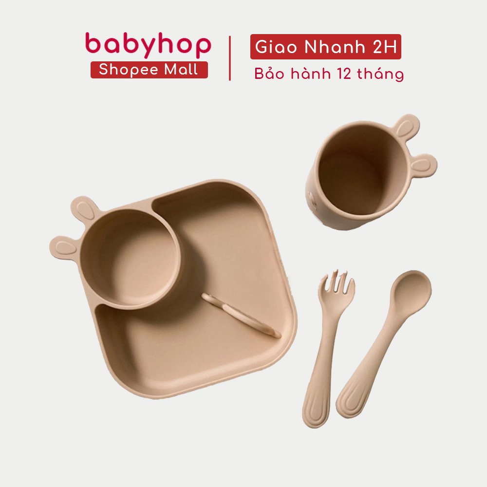 Bộ khay cốc thìa dĩa silicon thương hiệu Hermon 1 set 3 phụ kiện hình thỏ cho bé phân phối bởi Babyhop