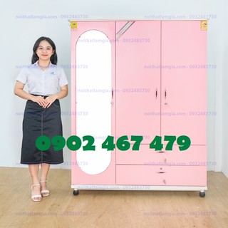 Tủ sắt trung hưng màu hồng 3 cánh lớn cho gia đình dễ tháo lắp
