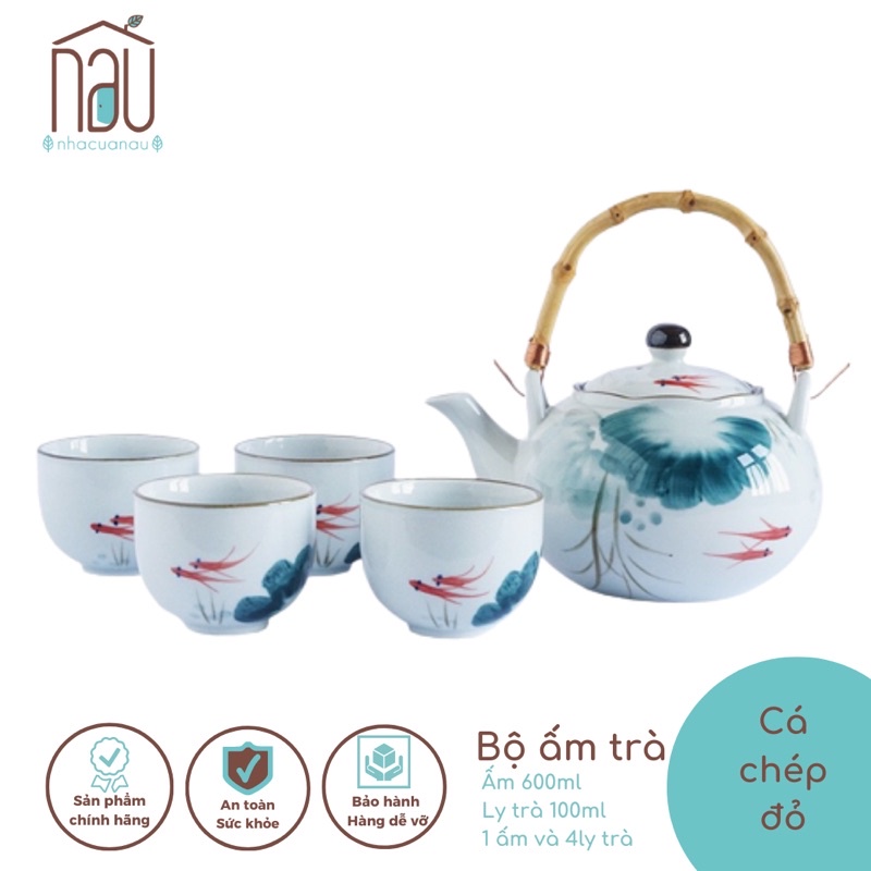 Bộ ấm chén bình trà sứ họa tiết Cá Chép đỏ đẹp xuất sắc, thiết kế theo phong cách Nhật sẵn có tại Nhà của Nâu